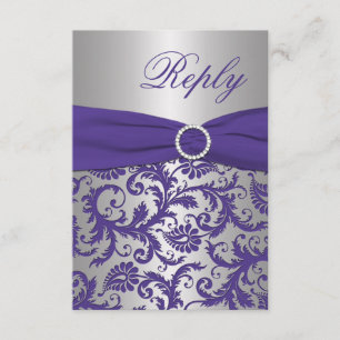 Tarjeta de respuesta de damasco morado y plata con