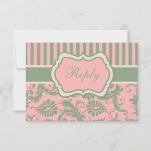 Tarjeta de respuesta de damasco rayada rosa, verde