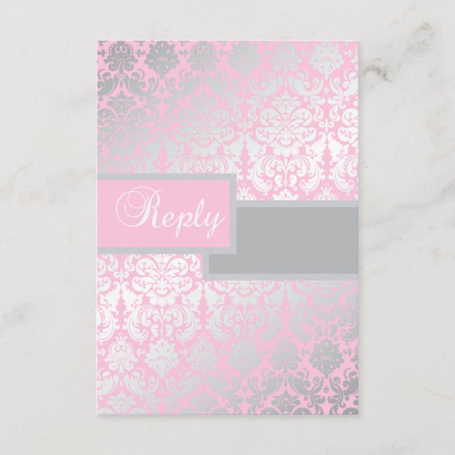 Tarjeta de respuesta de damasco rosa y gris (Anverso)