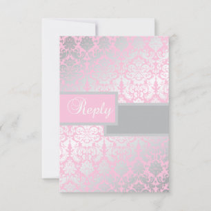 Tarjeta de respuesta de damasco rosa y gris
