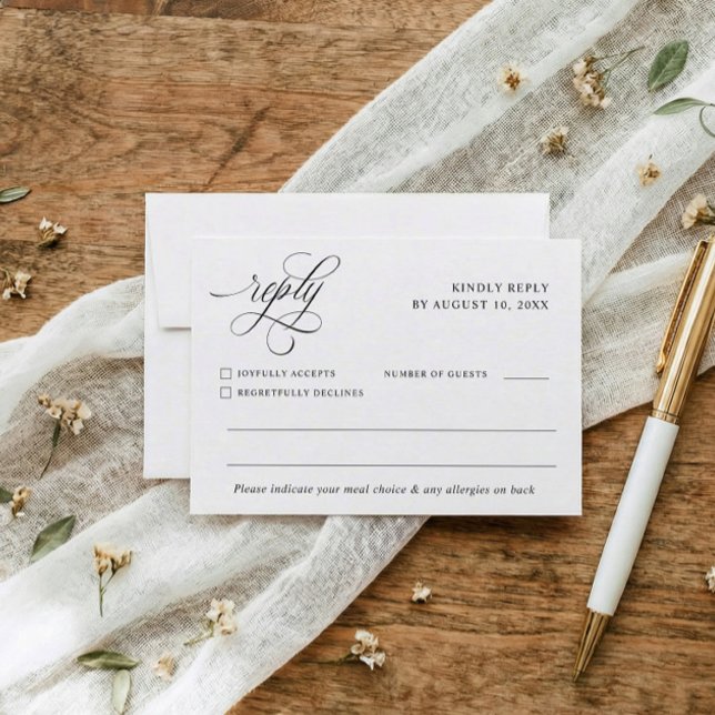 Tarjeta de respuesta de elección de comida para bo (Elegant black and white wedding RSVP card with meal choice and allergy information on back.)