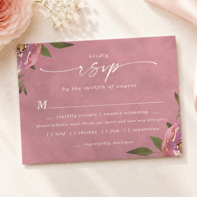 Tarjeta de respuesta de elección de comida Rosa Si (Elegant wild rose pink floral meal choice rsvp cards)