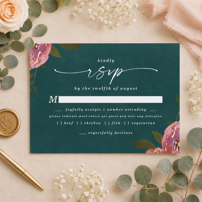 Tarjeta de respuesta de elección de comida verde a (Moody dark teal floral meal choice rsvp cards)