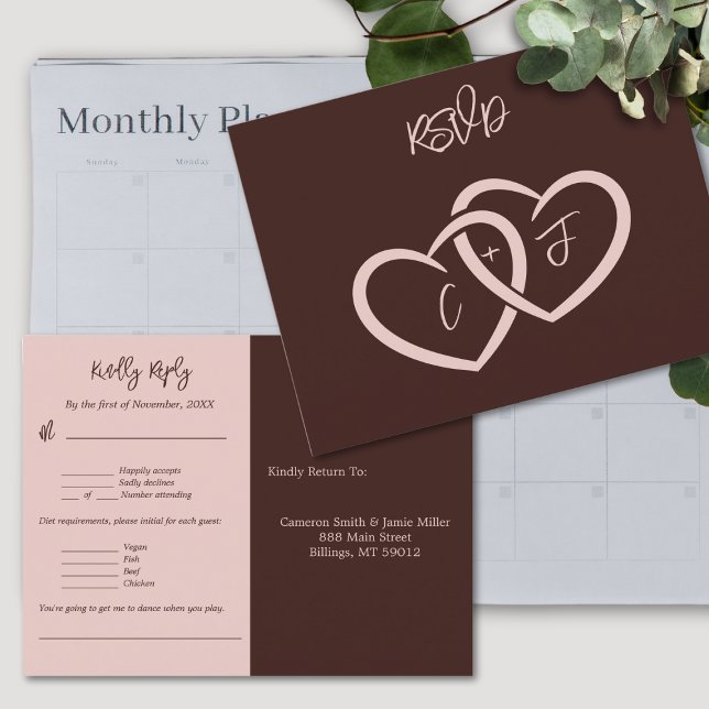 Tarjeta de respuesta de elección de música del men (Two Hearts Wedding Menu Music Choice RSVP Card)