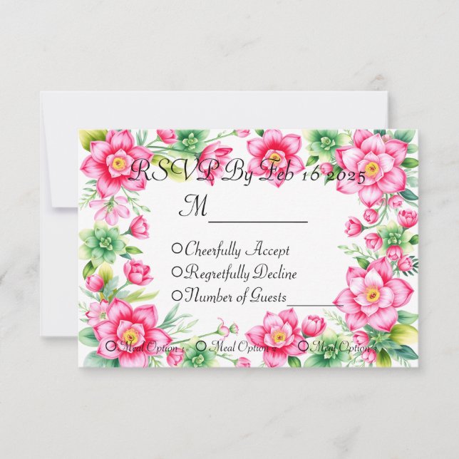 Tarjeta de respuesta de flor rosa con opciones de  (Anverso)