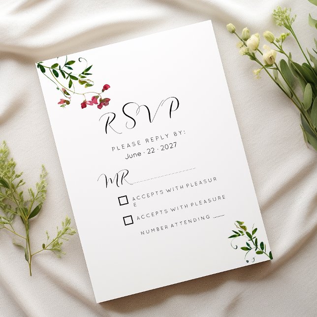 Tarjeta de respuesta de flores botánicas simples r (Simple botanic pink red green flowers RSVP)