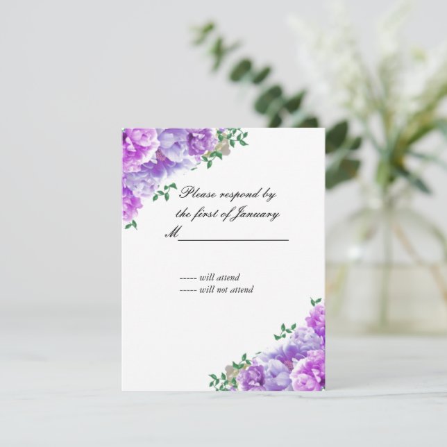 Tarjeta de respuesta de flores púrpuras minimalist (Anverso de pie)