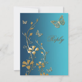 Tarjeta de respuesta de flores y mariposas en azul