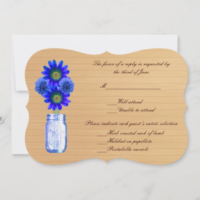 Tarjeta de respuesta de frascos mason azul rústico (Anverso)