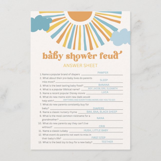 Tarjeta de respuesta de juego de Baby Shower Feud  (Anverso)