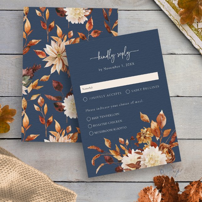 Tarjeta de respuesta de la caída azul de la Marina (Navy Blue Fall Leaves Floral Response Card by Painted Paperie
)