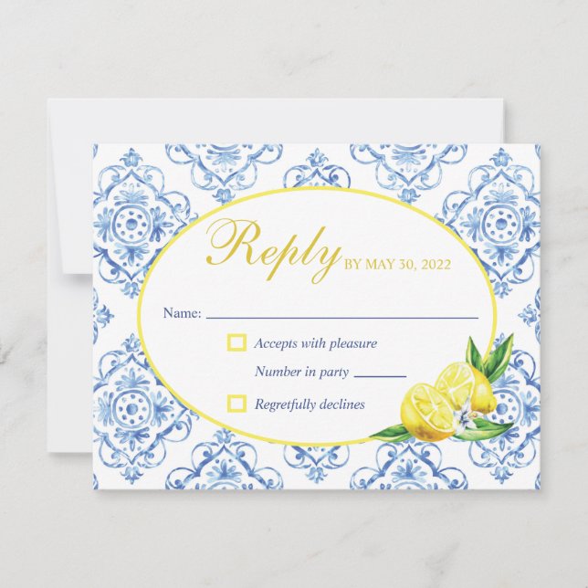 Tarjeta de respuesta de limón floral italiana azul (Anverso)