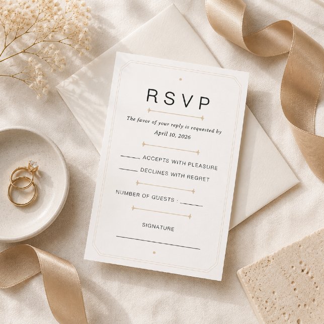Tarjeta de respuesta de lujo con letra serif moder (Elegant Modern Serif Luxury RSVP Card on premium editorial styling.)