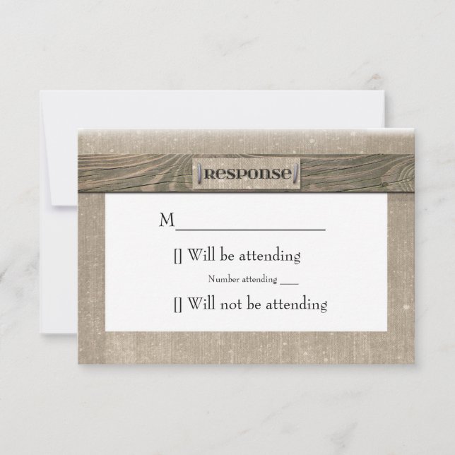 Tarjeta de respuesta de madera rústica y lona (Anverso)