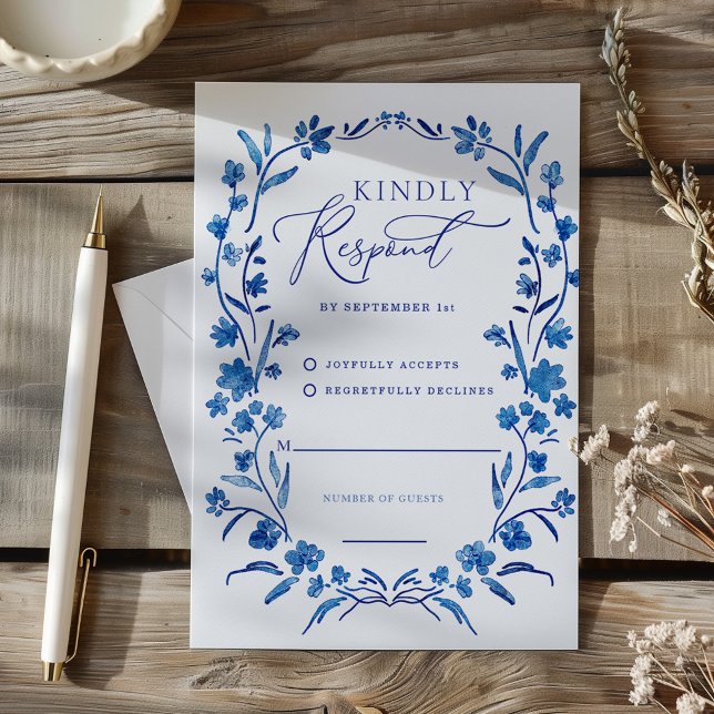 Tarjeta de respuesta de marco de acuarela floral a (Blue Floral Watercolor Frame Response Card RSVP)