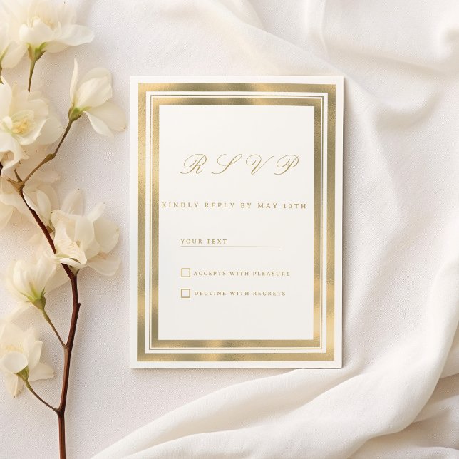 Tarjeta de respuesta de marco geométrico de oro bl (Luxury white gold geometric frame RSVP )