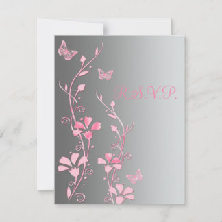 Tarjeta de respuesta de mariposas plateadas y rosa
