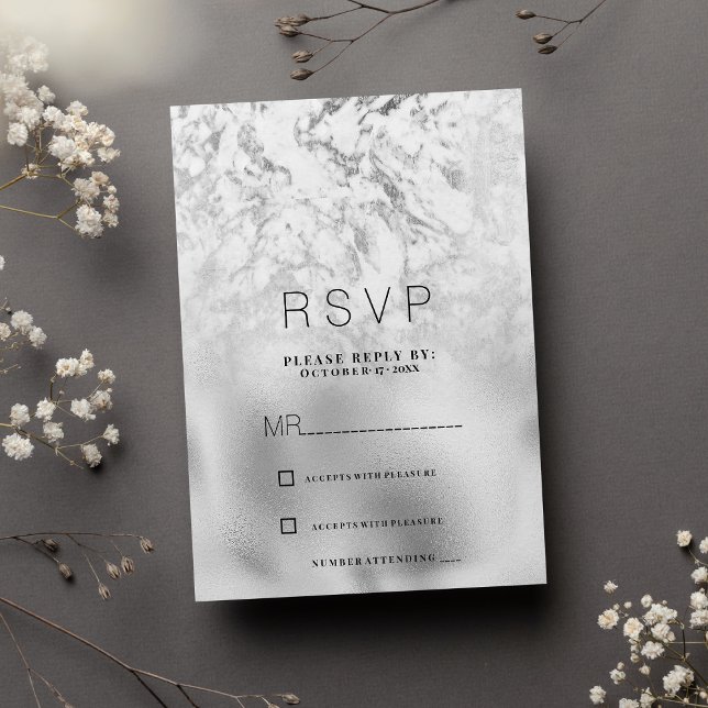 Tarjeta de respuesta de mármol gris blanco platead (Luxurious gray white silver marble RSVP)