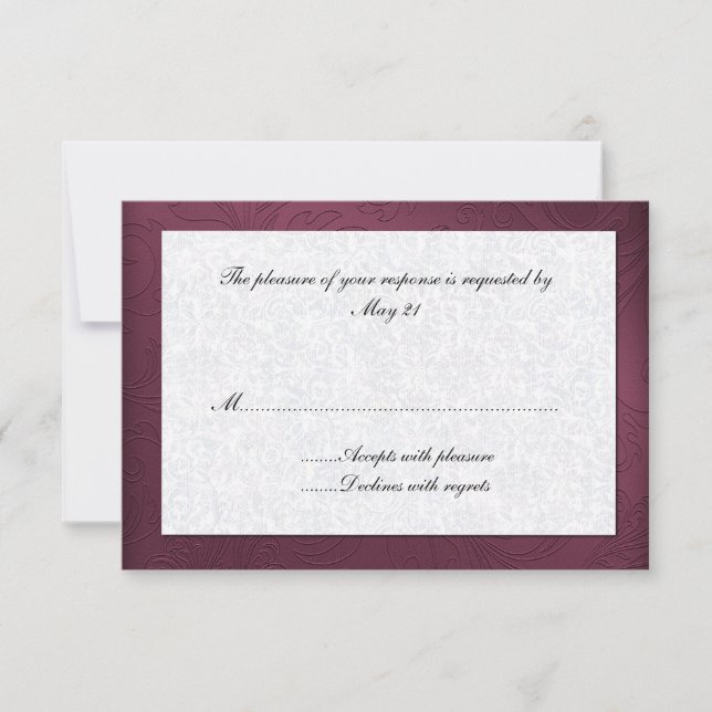 Tarjeta de respuesta de matrimonio maroon Damask (Anverso)