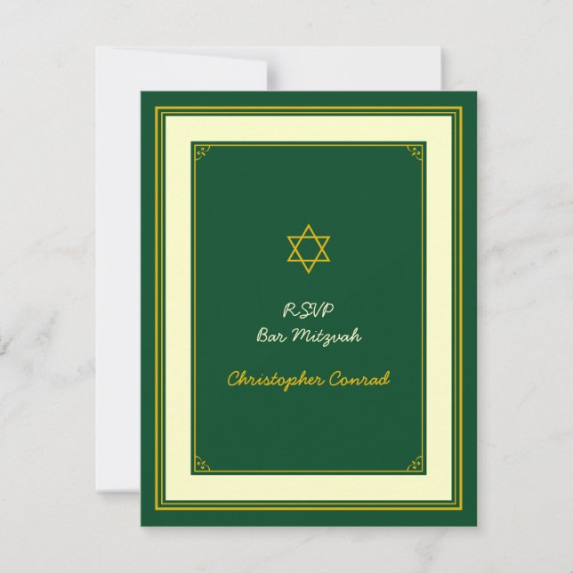 Tarjeta de respuesta de Mitzvah Green and Gold Bar (Anverso)
