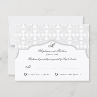 Tarjeta de respuesta de monograma Damask gris plat