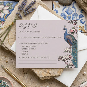 Tarjeta de respuesta de pavo real rosa elegante