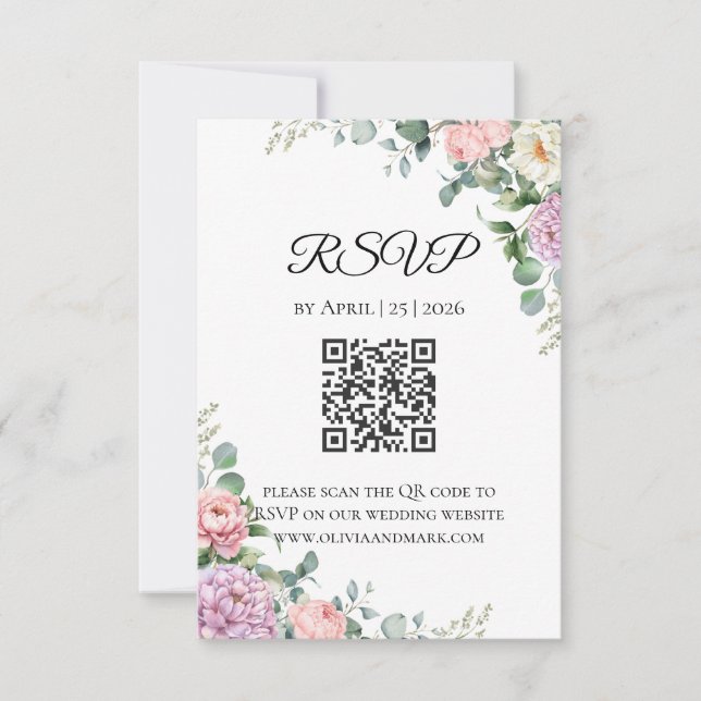 Tarjeta de respuesta de peonía y eucalipto en acua (Anverso)