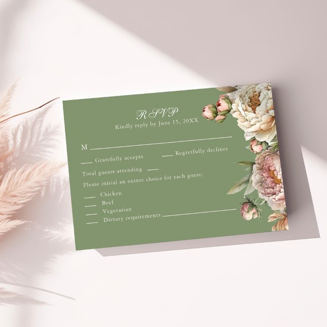 Tarjeta de respuesta de peonías elegantes rosadas  (Elegant Blush and Sage Green Peonies RSVP Card on a sunny table with neutral dry botanicals)