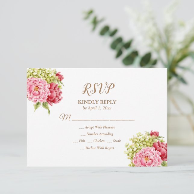 Tarjeta de respuesta de Peonies and Hydrangeas (Anverso de pie)