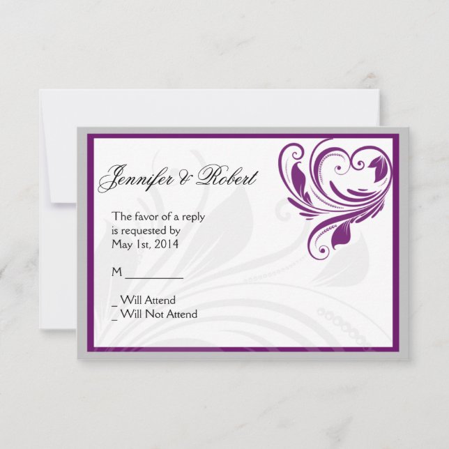 Tarjeta de respuesta de pergamino floral plateado  (Anverso)