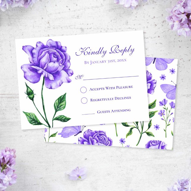 Tarjeta de respuesta de Quinceañera Rosa púrpura L (Lilac Purple Rose Quinceanera Response Card)