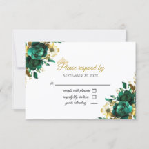 Tarjeta de respuesta de Quinceñera esmeralda y dor