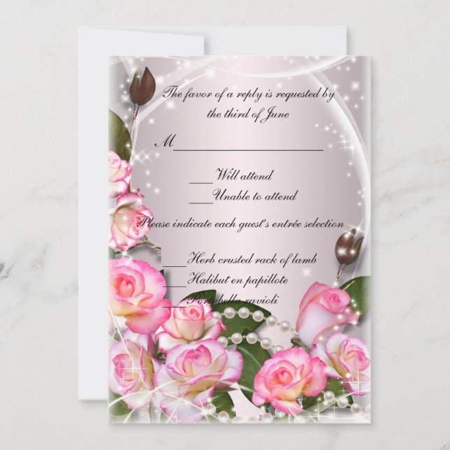 Tarjeta de respuesta de rosas rosadas y perlas ele (Anverso)