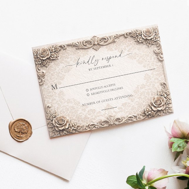 Tarjeta de respuesta de RSVP de boda barroca marfi (Elegant Ivory Baroque Wedding RSVP Response Card )