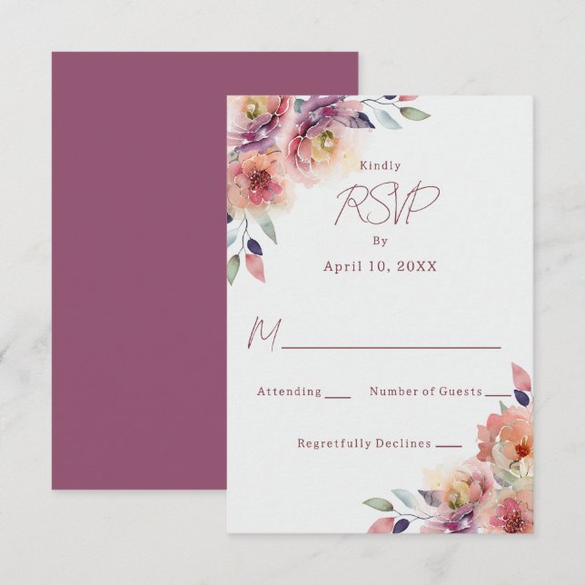 Tarjeta de respuesta de RSVP de boda con flores ro (Anverso / Reverso)