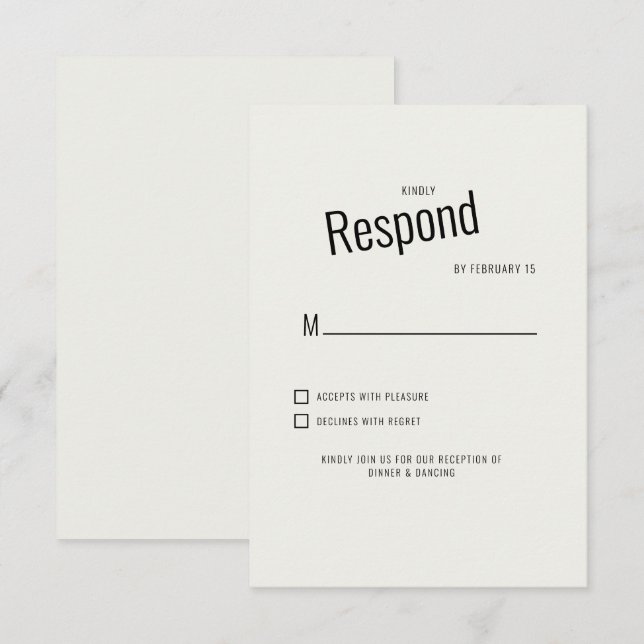 Tarjeta de respuesta de RSVP de boda de texto negr (Anverso / Reverso)