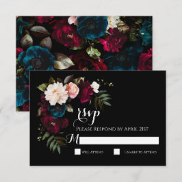 Tarjeta de respuesta de RSVP de boda floral negra 