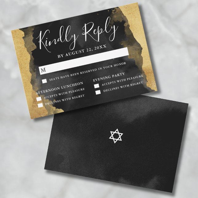 Tarjeta de respuesta de RSVP de Mitzvah con acuare (Gold Watercolor Bar Bat Mitzvah Reply RSVP Card)