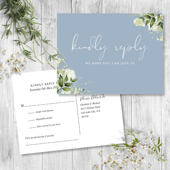 Tarjeta de respuesta de solicitud de canción de ve (Dusty Blue Greenery Song Request RSVP Postcard)