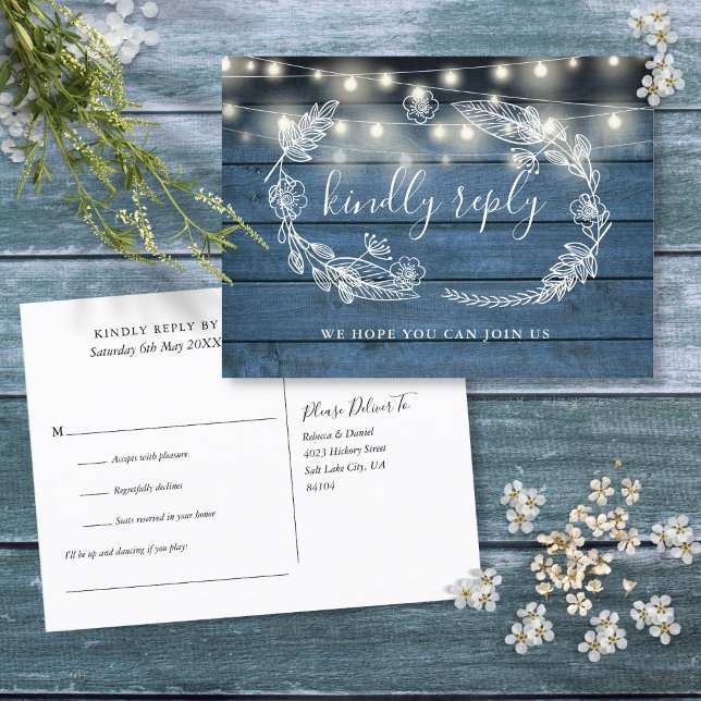 Tarjeta de respuesta de solicitud de canción flora (Rustic Blue Wood Floral Song Request RSVP Card)