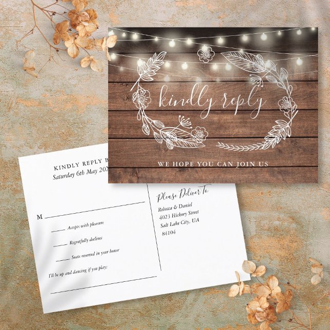 Tarjeta de respuesta de solicitud de canción flora (Rustic Wood Floral Song Request RSVP Card)