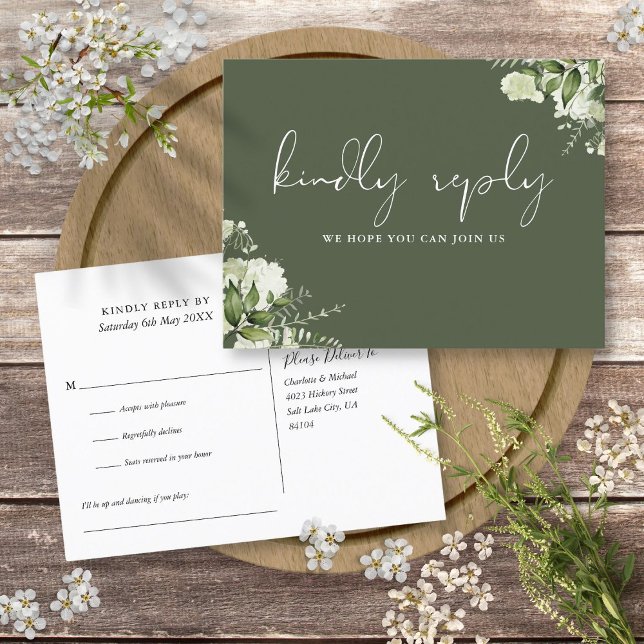 Tarjeta de respuesta de solicitud de canción flora (Olive Green Floral Song Request RSVP Postcard)