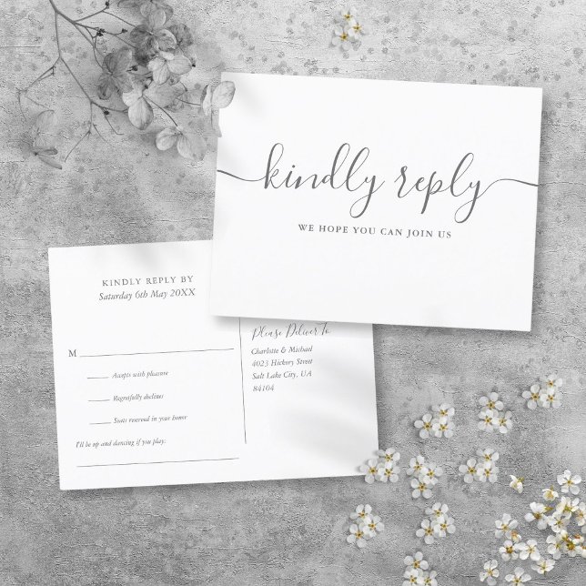 Tarjeta de respuesta de solicitud de canción gris  (Elegant Gray And White Song Request RSVP Postcard)