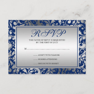 Tarjeta de respuesta de Swirls Damask Azul y Plata