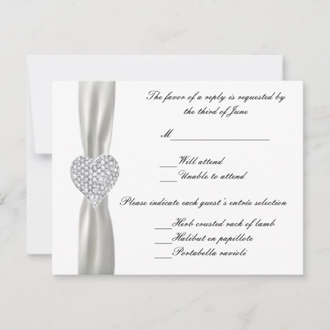 Tarjeta de respuesta del Boda blanco Diamond Heart (Anverso)