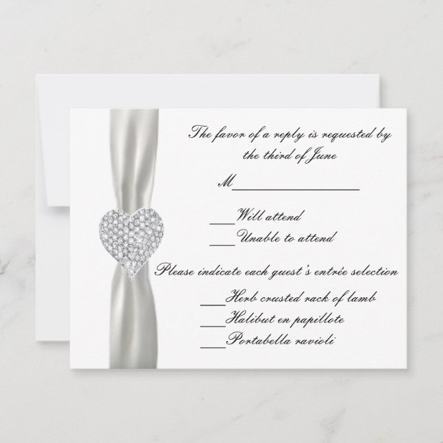 Tarjeta de respuesta del Boda blanco Diamond Heart (Anverso)