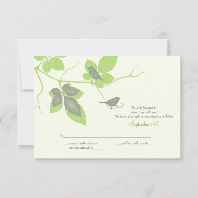 Tarjeta de respuesta del Boda de aves grises verde (Anverso)