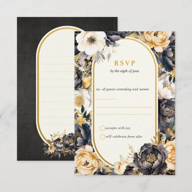 Tarjeta de respuesta del Boda Floral Black & Gold (Anverso / Reverso)