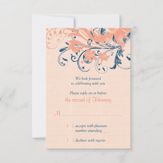 Tarjeta de respuesta del Boda floral de coral azul (Anverso)