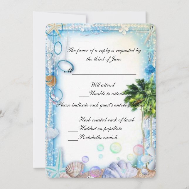 Tarjeta de respuesta del Boda Tropical Beach Seash (Anverso)